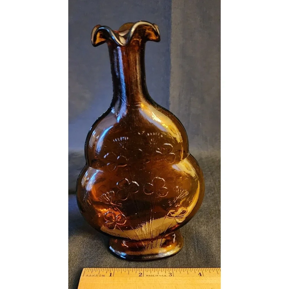 Vintage Amber Glass Bottle Vase Ruffled Mouth with Shamrock Clover Design - Picture 6 of 6
